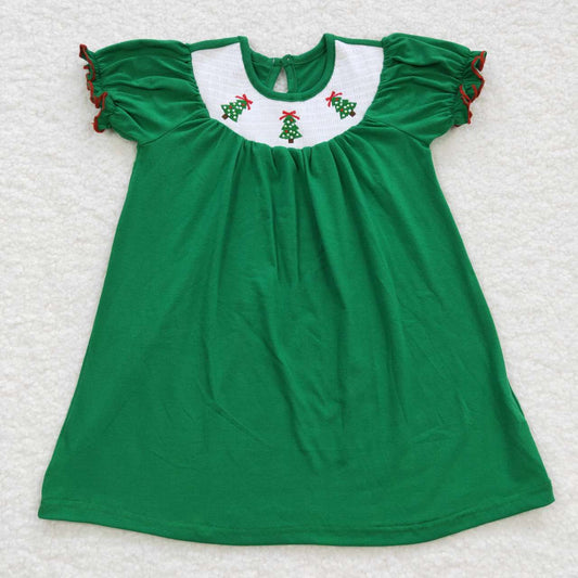GSD0432 Embroidered Christmas tree smocked green short sleeve skirt