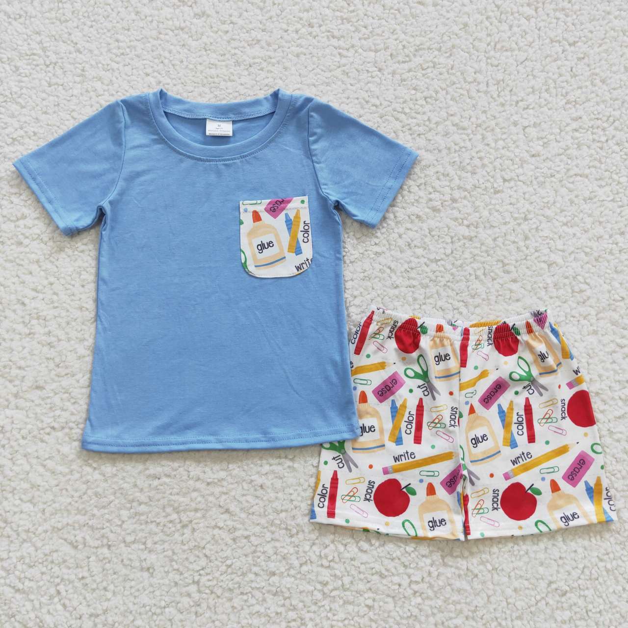 BSSO0278 Pencil Apple Glue Blue Pocket Short Sleeve Short Set