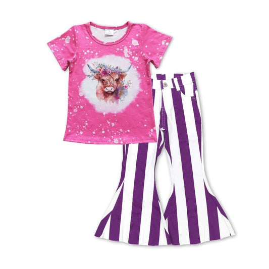 P0331 Purple and white striped denim trousers+GT0212 Alpine cow flower rose red short-sleeved top