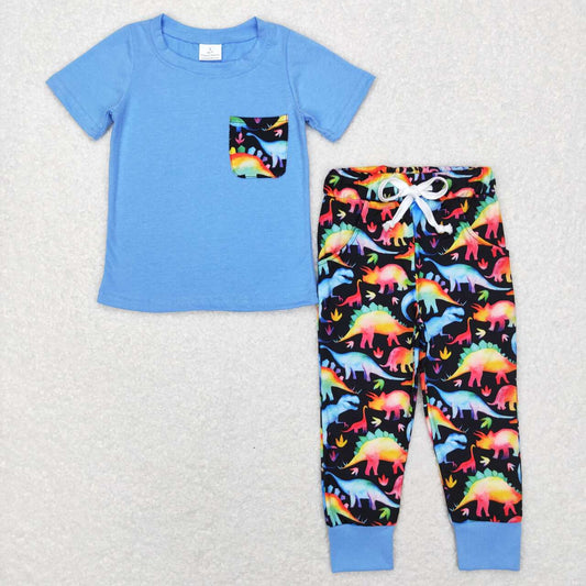BSPO0206 Colorful dinosaur pocket blue and black short-sleeved trousers suit
