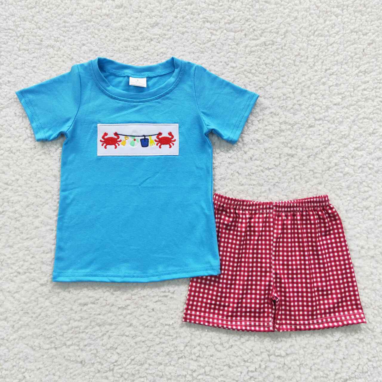 BSSO0247 Boys Embroidered Crab Blue Short Sleeve Red Check Shorts