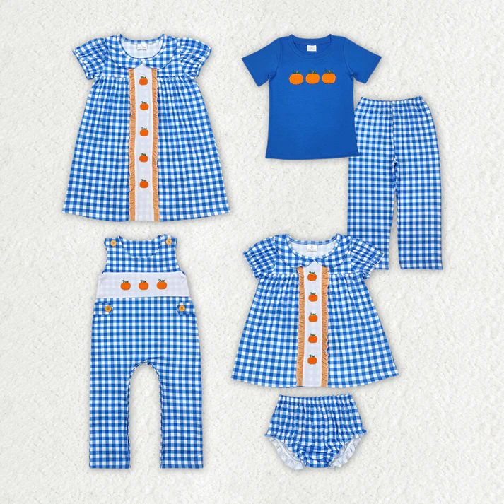 RTS NO MOQ Eta 5/days  Girls Boys Blue Pumpkins Dresses Rompers embroidery Fall Clothes Sets