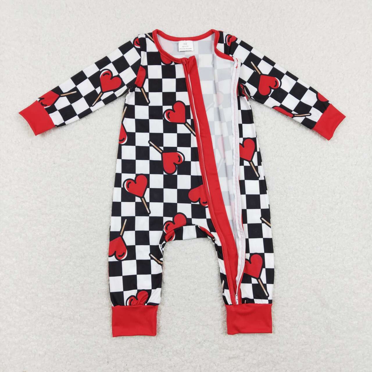 LR0856 Red Lollipop Black and White Plaid Red Zipper Long Sleeve Jumpsuit