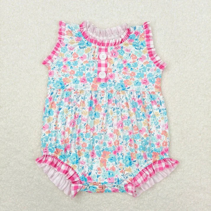 RTS NO MOQ Baby Girls Pink Checkered Floral Summer Sibling Rompers Clothes Sets
