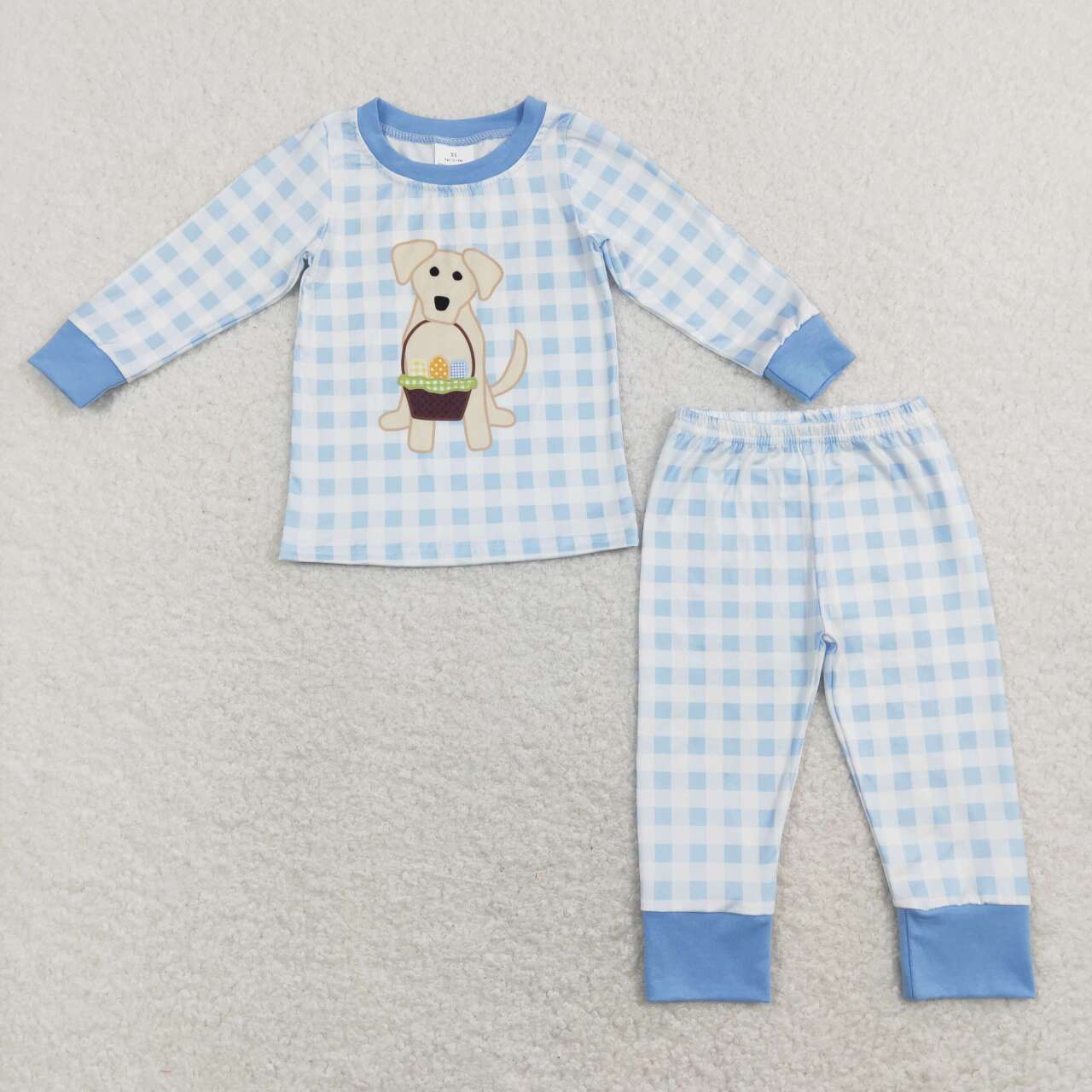 BLP0432 Egg Basket Puppy Blue Plaid Long Sleeve Pants Suit