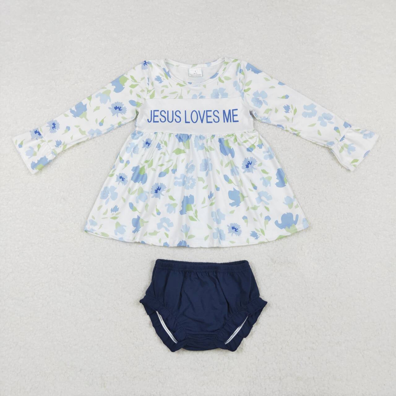 RTS NO MOQ ETA 5/7days arrived GBO0435 jesus loves me flower long-sleeved blue briefs set