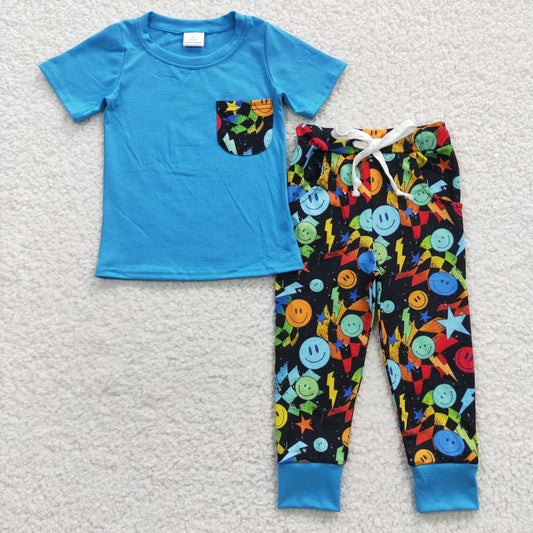 BSPO0131 Star Lightning Smile Blue Black Short Sleeve Trousers Suit