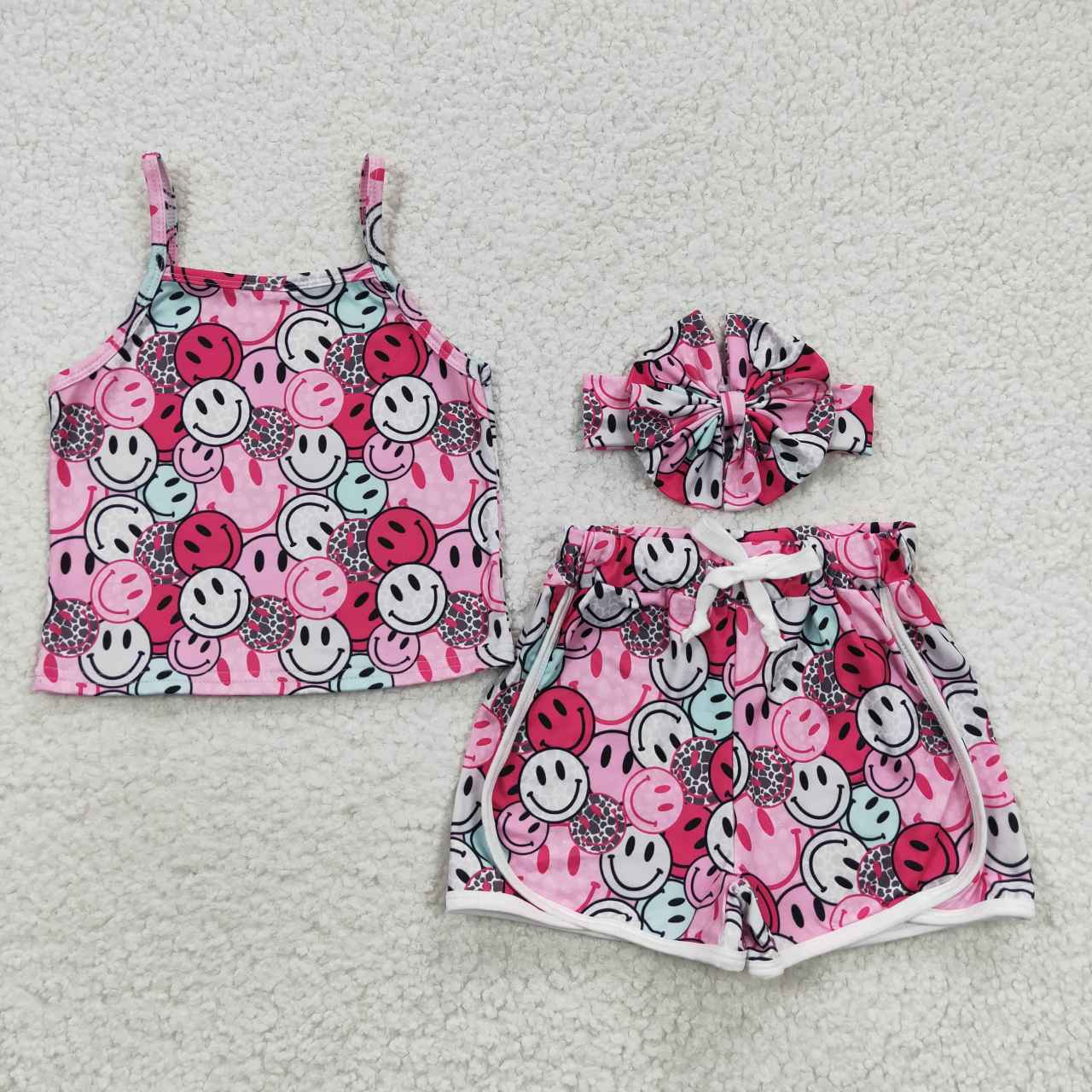 GSSO0340 Smiley Pink Headband Sleeveless Shorts Set