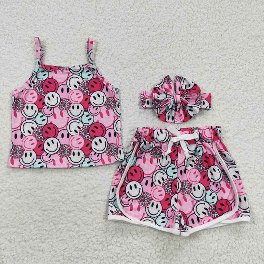 GSSO0340 Smiley Pink Headband Sleeveless Shorts Set