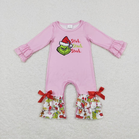 LR0778 grinch cartoon letters pink and white lace long-sleeved jumpsuit