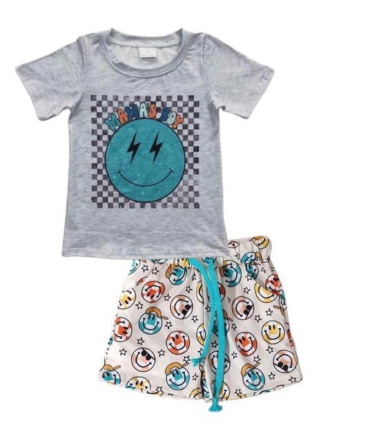 RTS no moq Grey Smiley Face Lightning Short Sleeve Shorts Set