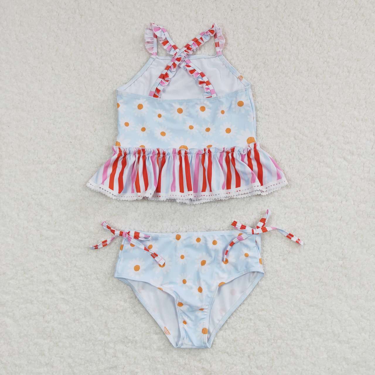 S0157 Small daisy flower red stripe light blue swimsuit suit