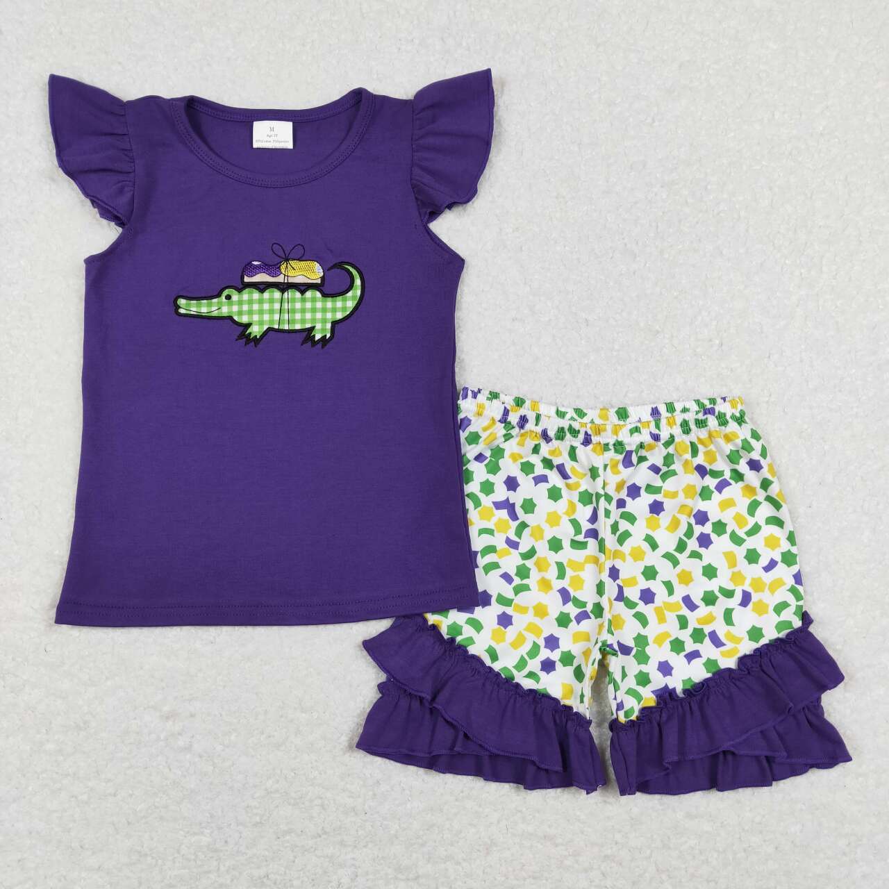 GSSO0444 Embroidered Carnival Crocodile Purple Lace Flying Sleeve Shorts Set