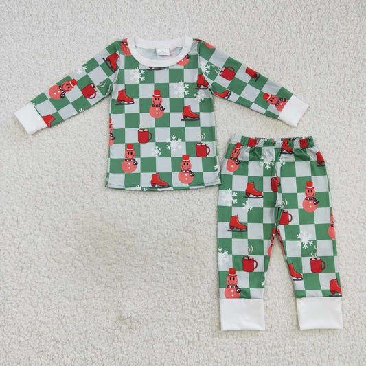 BLP0317 Snowflake Smiley Green Plaid Long Sleeve Pants Suit