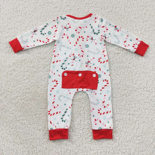 LR0506 Candy Cane Red Trim White Zipper Long Sleeve Bodysuit