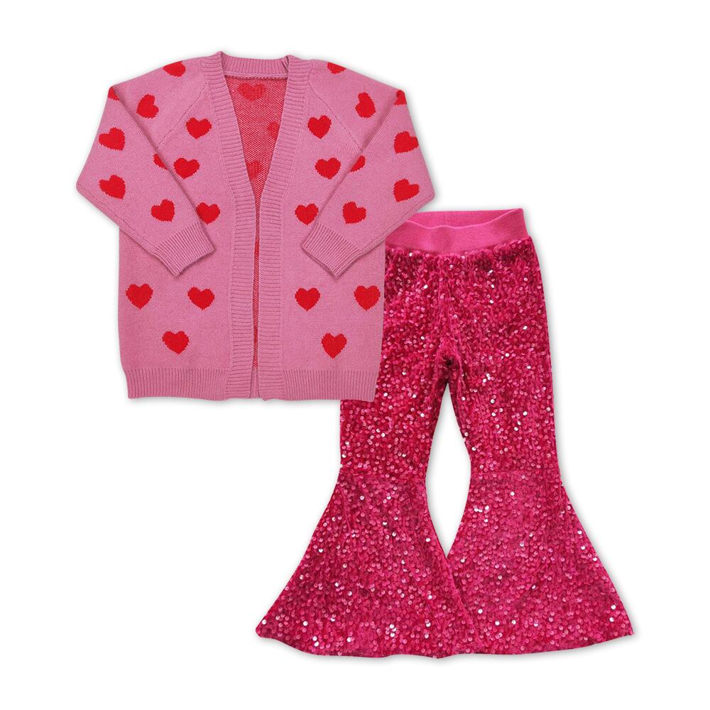 GT0372 Red Heart Rose Pink Pocket Long Sleeve Sweater Cardigan+P0112 Rose sequined trousers