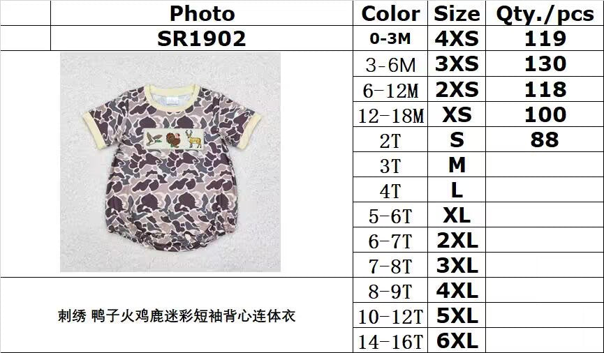 RTS NO MOQ ETA 5/7days arrived SR1902 Embroidered duck turkey deer camouflage short-sleeved vest jumpsuit