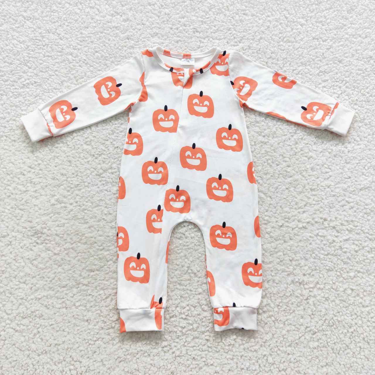 LR0495 Smiley Pumpkin White Zip Long Sleeve Bodysuit