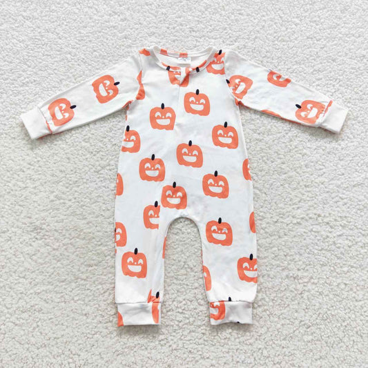 LR0495 Smiley Pumpkin White Zip Long Sleeve Bodysuit