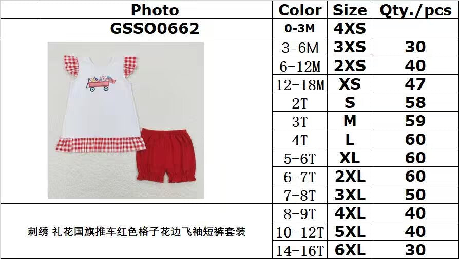 RTSGSSO0662 Embroidery fireworks flag cart red plaid lace flying sleeve shorts suit