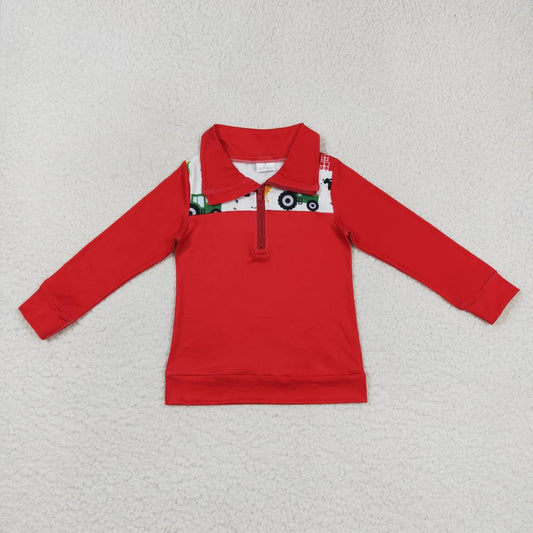 RTS NO MOQ ETA 5/7days Arrived BT0347 Boys Farm Animals Red House Tractor Corn Zip Long Sleeve Top