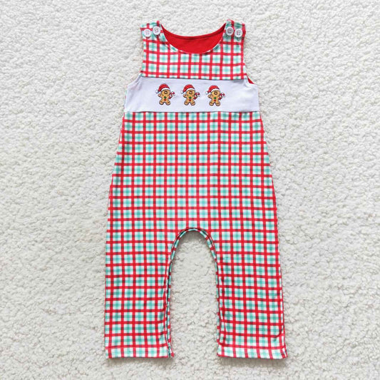 SR0406 Embroidered Gingerbread Man Red and Green Plaid Sleeveless Jumpsuit