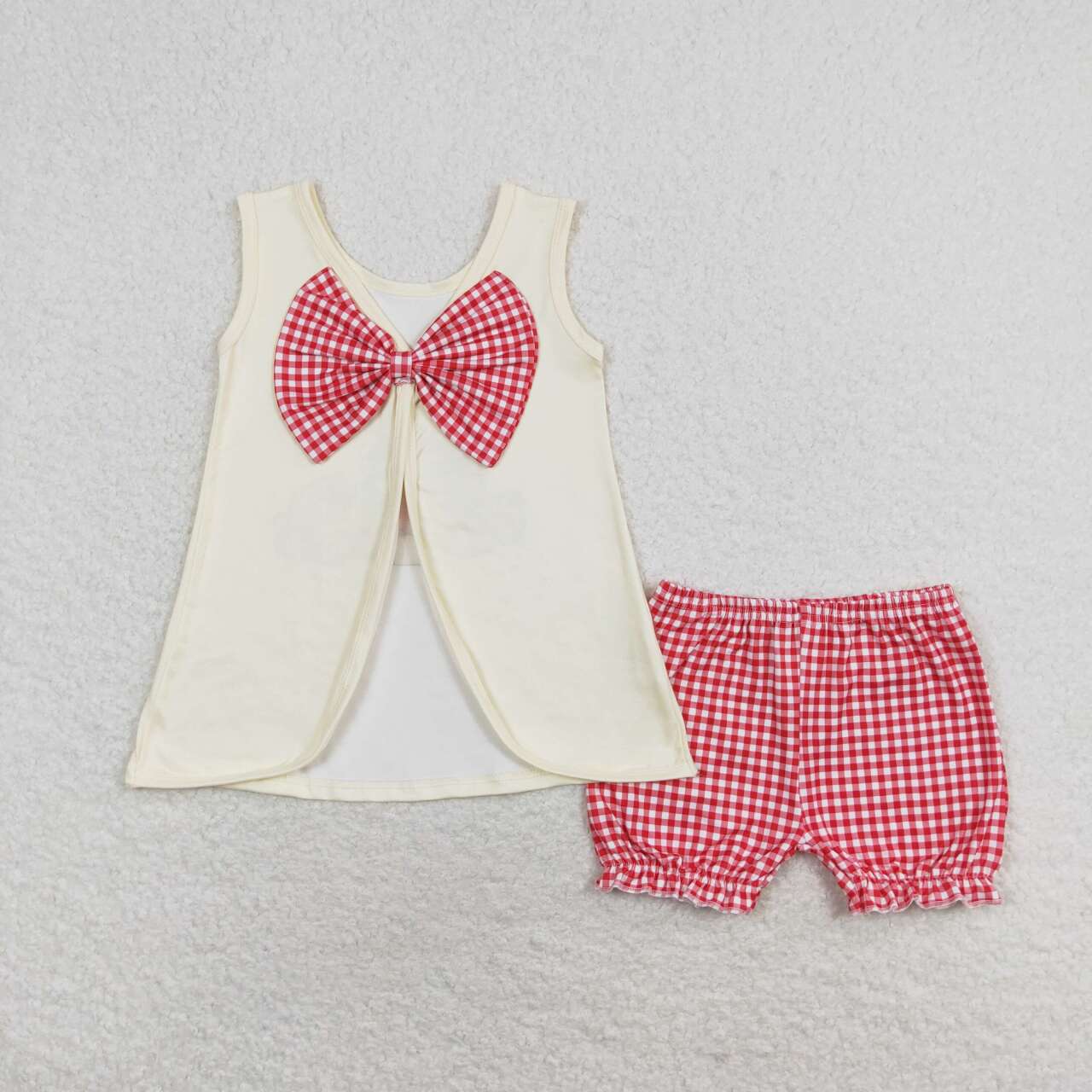 RTS no moq GSSO1282 Winnie the Pooh bow sleeveless beige red plaid shorts set