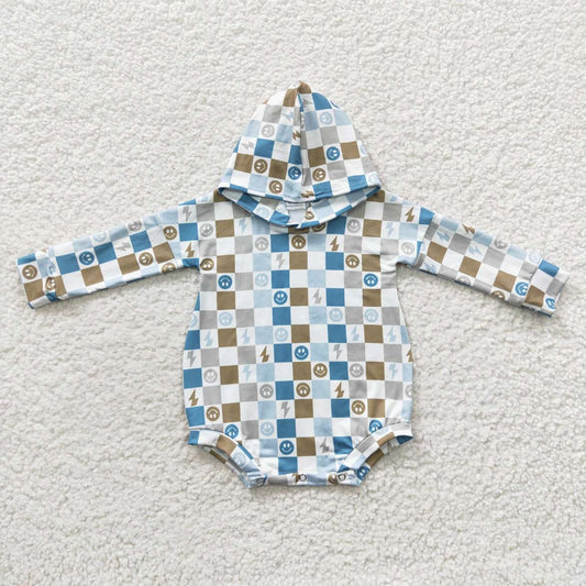 LR0268 Smiley Blue Plaid Hooded Long Sleeve Bodysuit