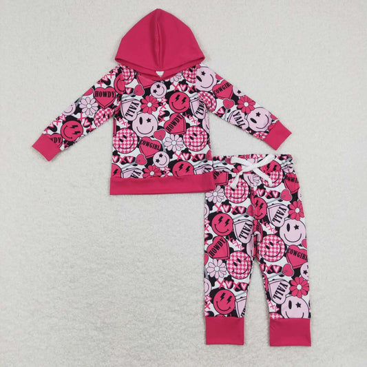 GLP1126 xoxo cowgirl smiley face rose red hooded long-sleeved cow pattern trousers suit