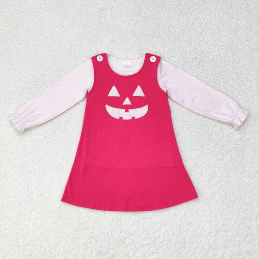 RTS no moq GT0626+GSD1361 Pink plaid lace long-sleeved top Halloween embroidery smiley face rose red sleeveless dress 2 pieces set