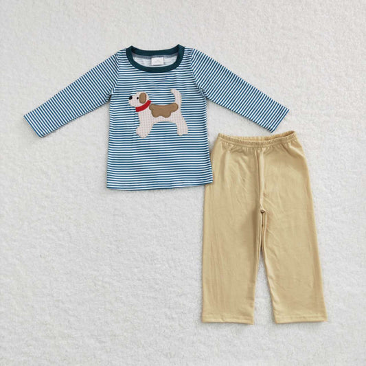 BLP0380 Embroidered Plaid Puppy Blue and White Striped Long Sleeve Beige Pants Suit