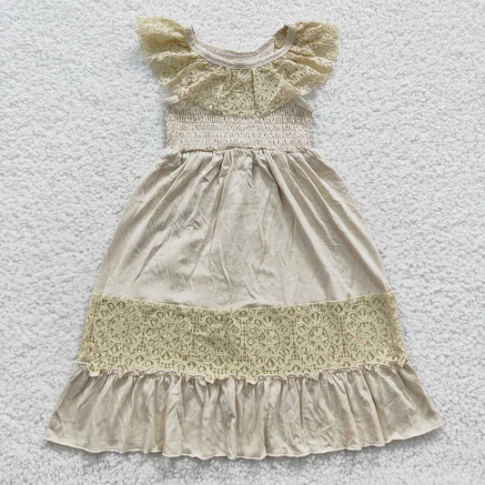 GSD0456 Beige smocked sleeveless dress with lace trim