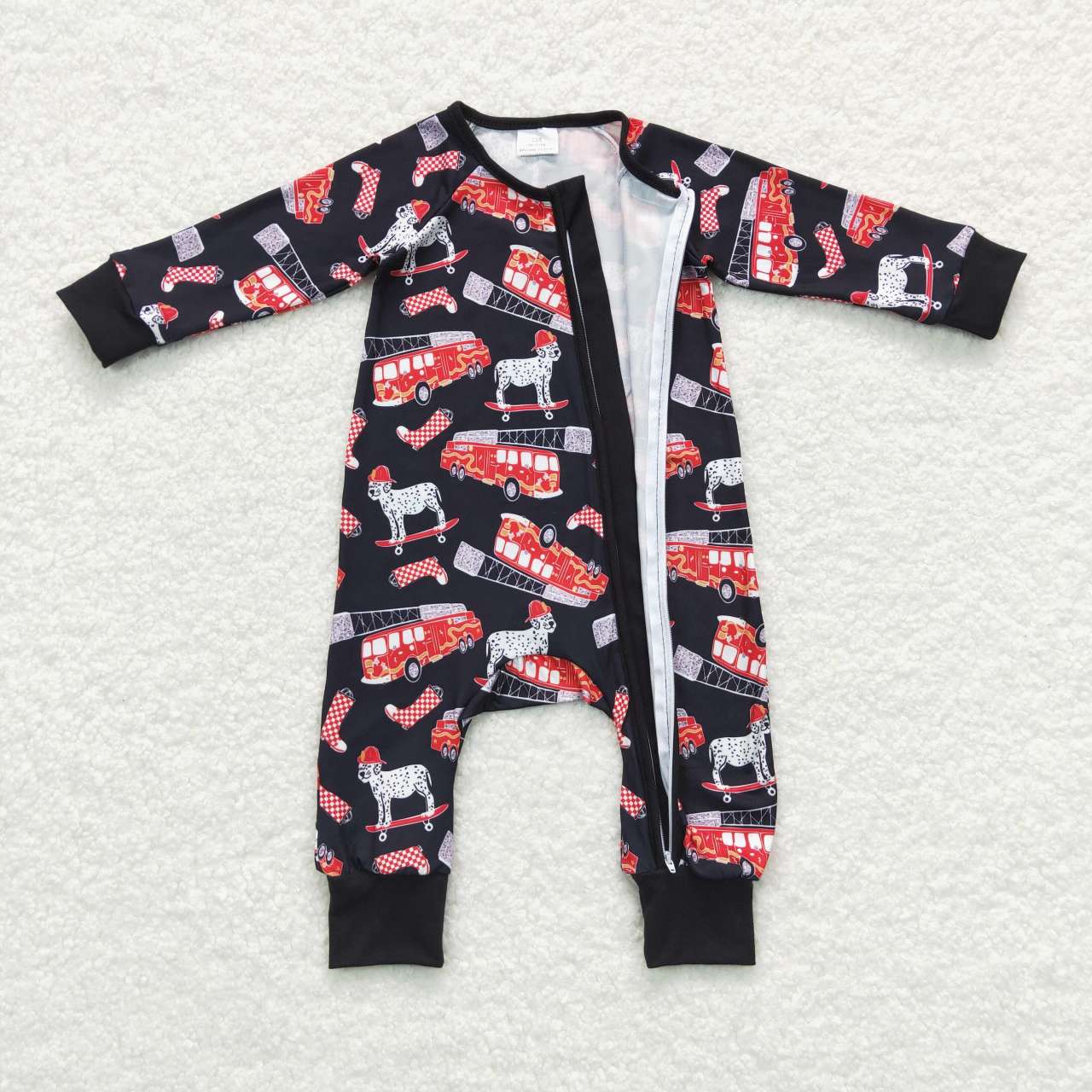 LR0735 Fire Truck Dalmatian Navy Blue Zip Long Sleeve Jumpsuit