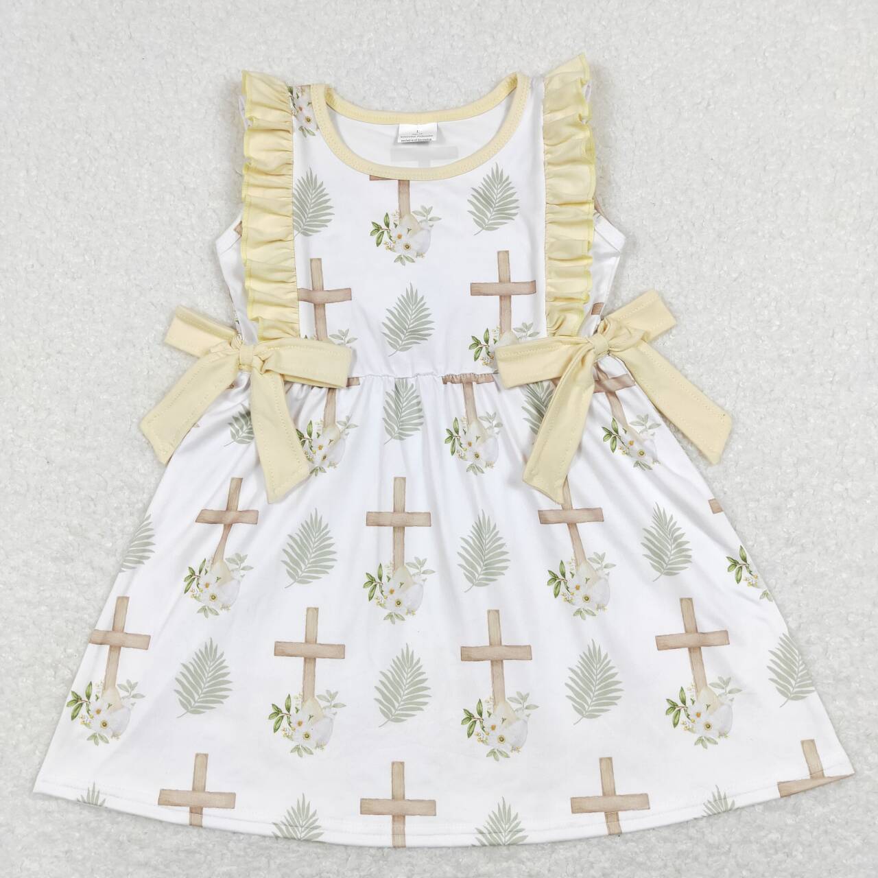 GSD0571 Cross flowers leaves yellow lace bow white sleeveless dress