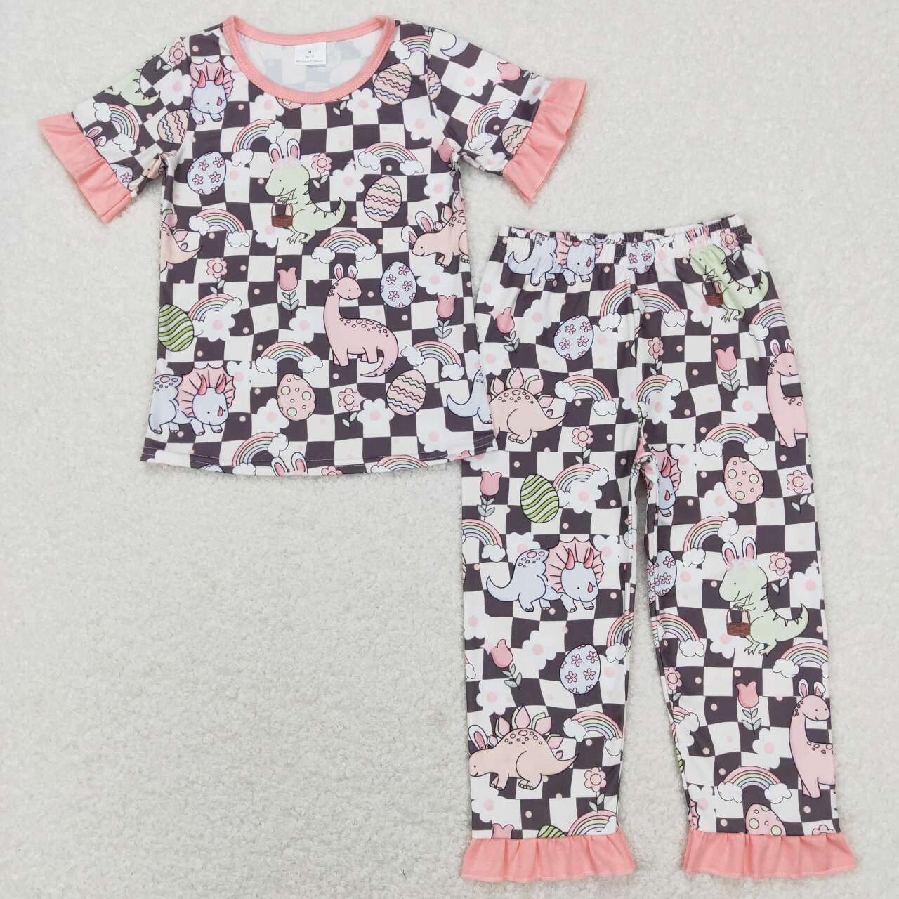 GSPO1203 Dinosaur Rainbow Flower Easter Egg Plaid Pink Lace Short Sleeve Pants Suit