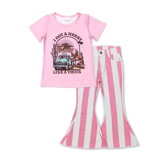 P0315 Pink and white striped denim trousers+GT0406 I got a heart like a truck riding truck pink short sleeve top