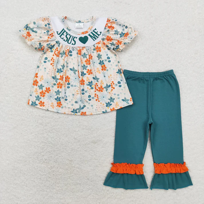 RTS NO MOQ Shipping time 5-7days Jesus Love Me Flowers Sibling Dresses Rompers Outfits  embroidery