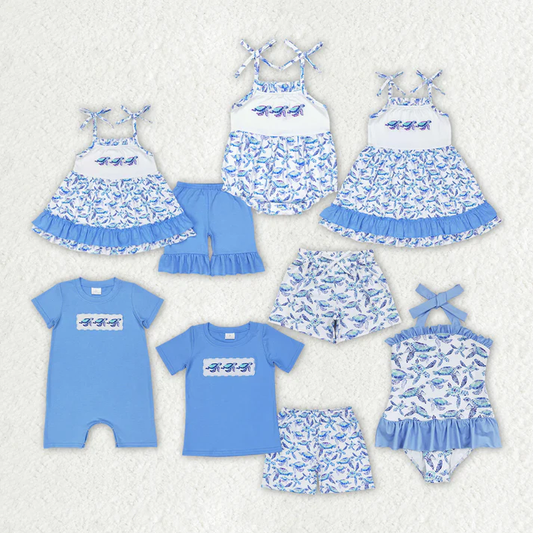 RTS NO MOQ  Baby Girls Boys Sibling Turtles Top Blue Summer Clothes Sets