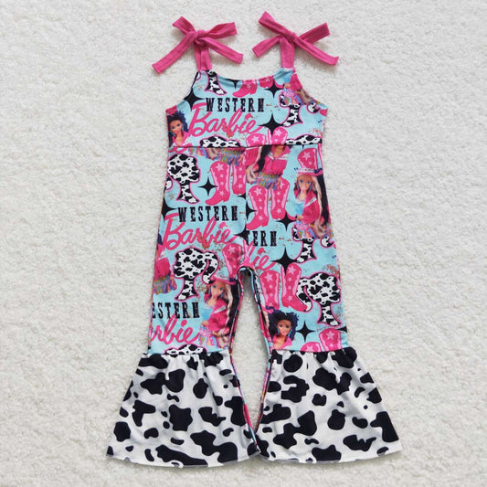 SR0425 barbie boots cow pattern blue suspender jumpsuit