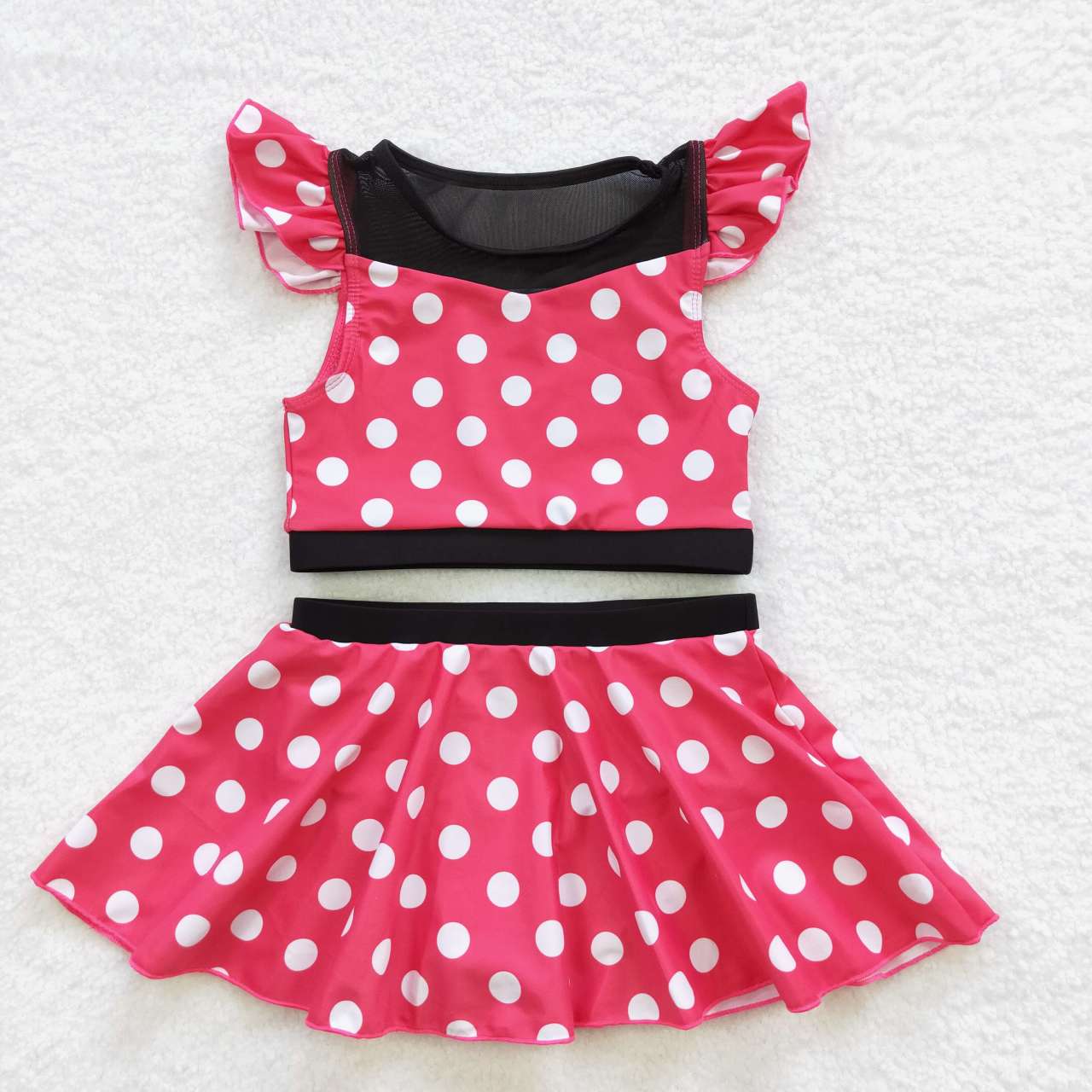 S0147 Pink Polka Dot Short Sleeve Skirt Swimsuit Set