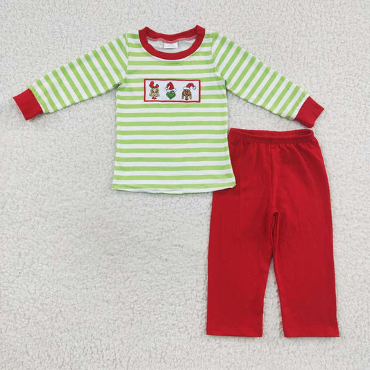 BLP0199 Christmas Embroidery Cartoon Boy Grinch Dog Green Striped Long Sleeve Red Trouser Suit