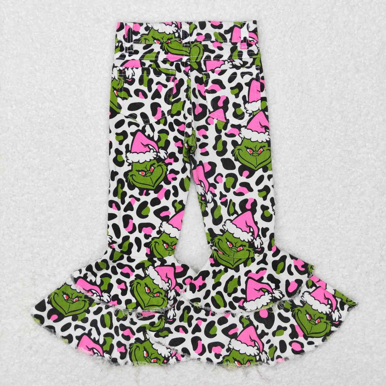 P0318 Cartoon grinch leopard print white denim trousers