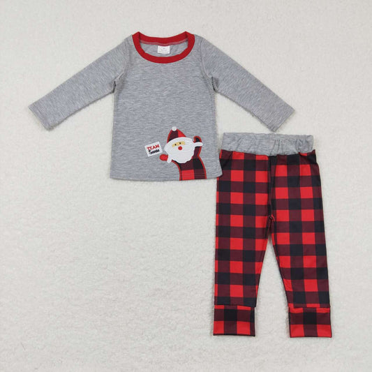 BLP0334 Embroidered Santa Claus gray long-sleeved red and black plaid trousers suit