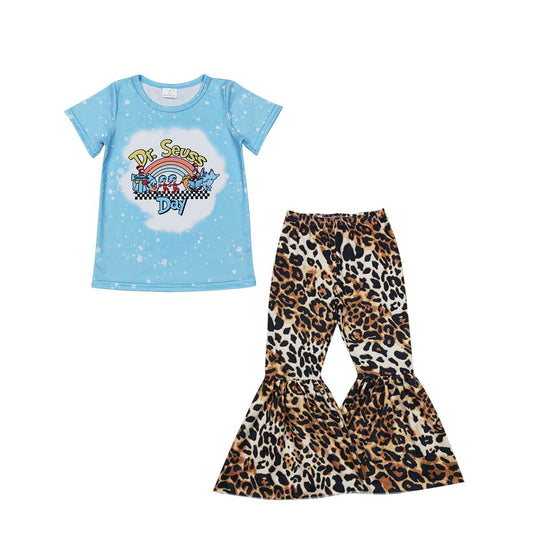 P0042 Girls leopard print milk silk trousers+GT0365 dr seuss rainbow blue short sleeve top