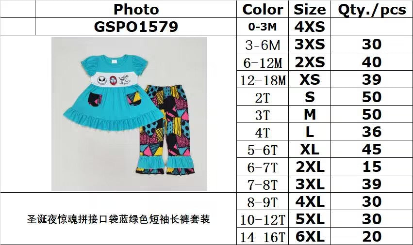 RTS no moq GSPO1579 The Nightmare Before Christmas Patchwork Pocket Teal Short Sleeve Pants