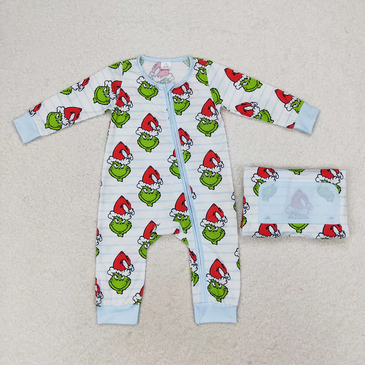 RTS NO MOQ bamboo fabric fabric content is  50% cotton +45%bamboo +5%spandx Baby Boys Green Face Christmas Sibling Sister Bamboo Pajamas Clothes Sets
