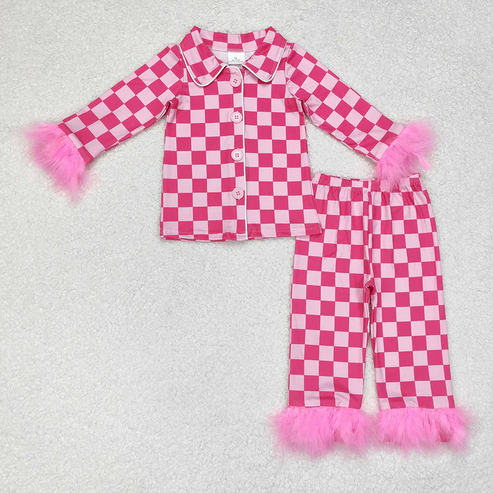 RTS NO MOQ Baby Girls Sister Sibling Buttons Top Pants Fur Pajamas Clothes Sets
