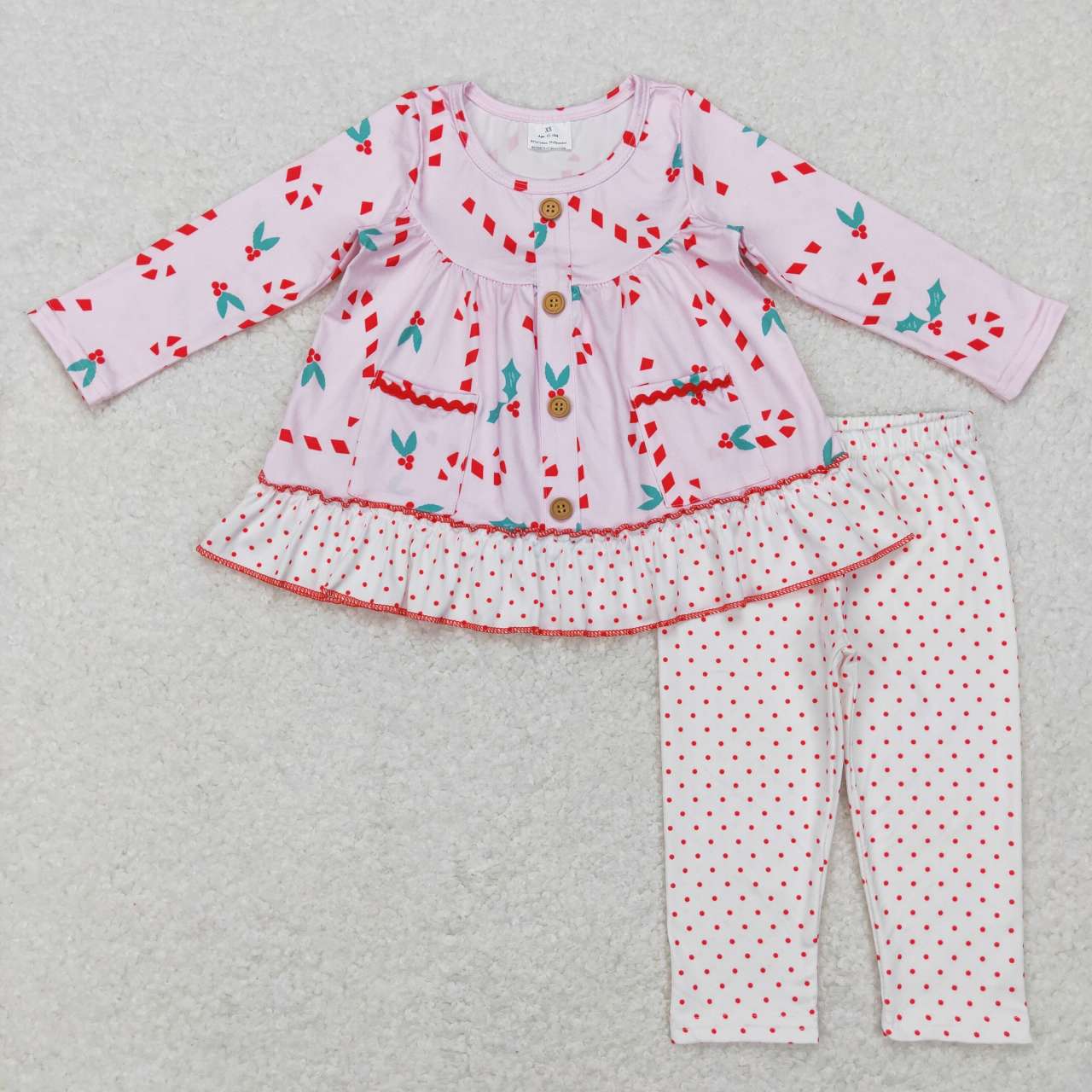 GLP0975 Candy Cane Pocket Button Pink Long Sleeve Polka Dot White Pants Suit