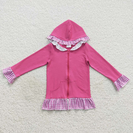 GT0261 Pink plaid lace rose red hooded zipper long-sleeved top jacket