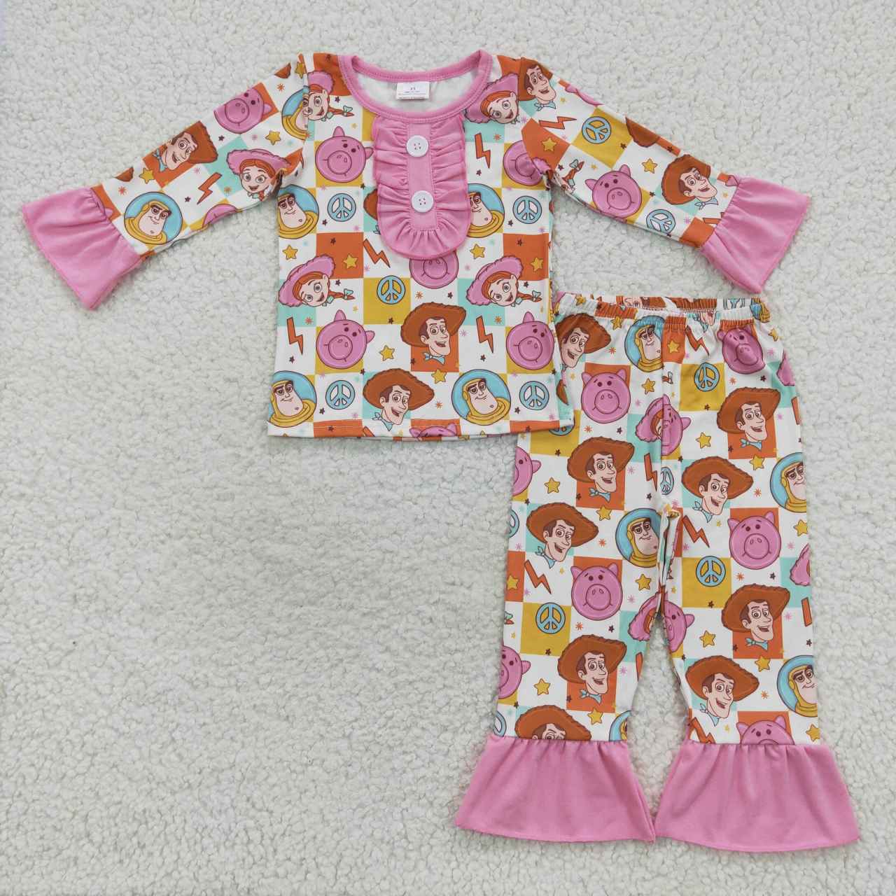 RTS NO MOQ（In Stock) GLP0669 Cartoon Toy Story Plaid Pink Lace Long Sleeve Pants Set